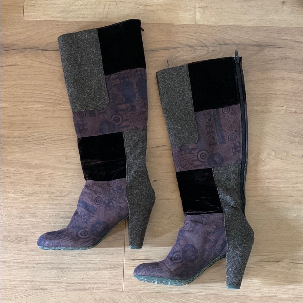 Desigual Gray and Purple Heeled Boots with Modern Patchwork